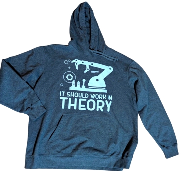 It Should Work In Theory Gray Fleece Hoodie with Robot Print Sz XL - Picture 1 of 7
